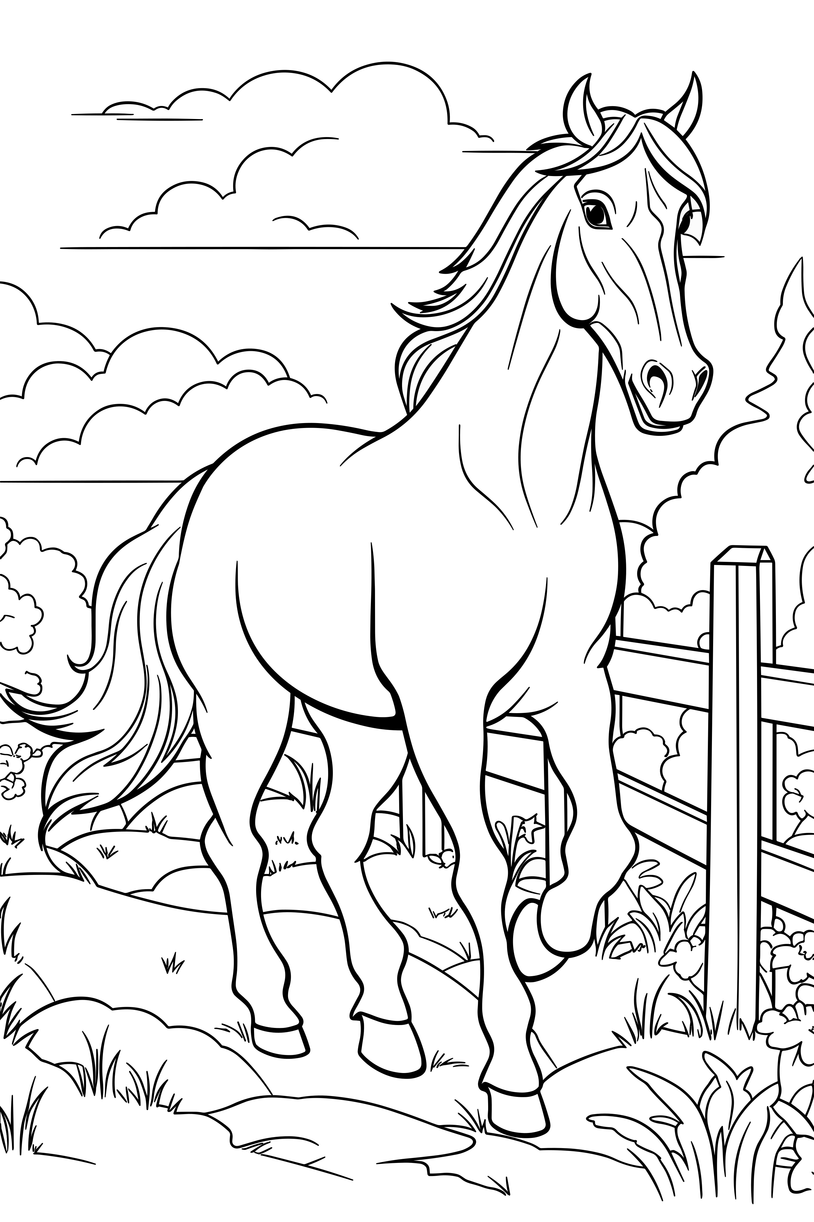 Pferd am Zaun als kostenloses Ausmalbild für Kinder
