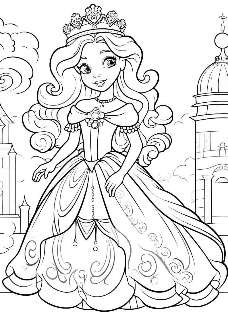 Prinzessin im Kleid als kostenloses Ausmalbild für Kinder