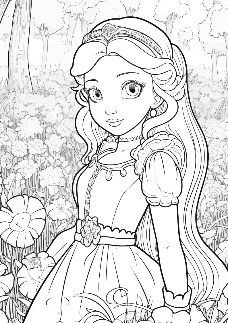 Prinzessin im Schloss als kostenloses Ausmalbild für Kinder
