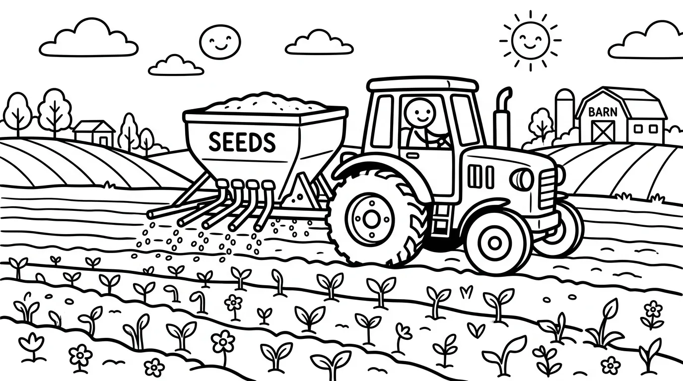 Traktor bei Aussaat als kostenloses Ausmalbild für Kinder