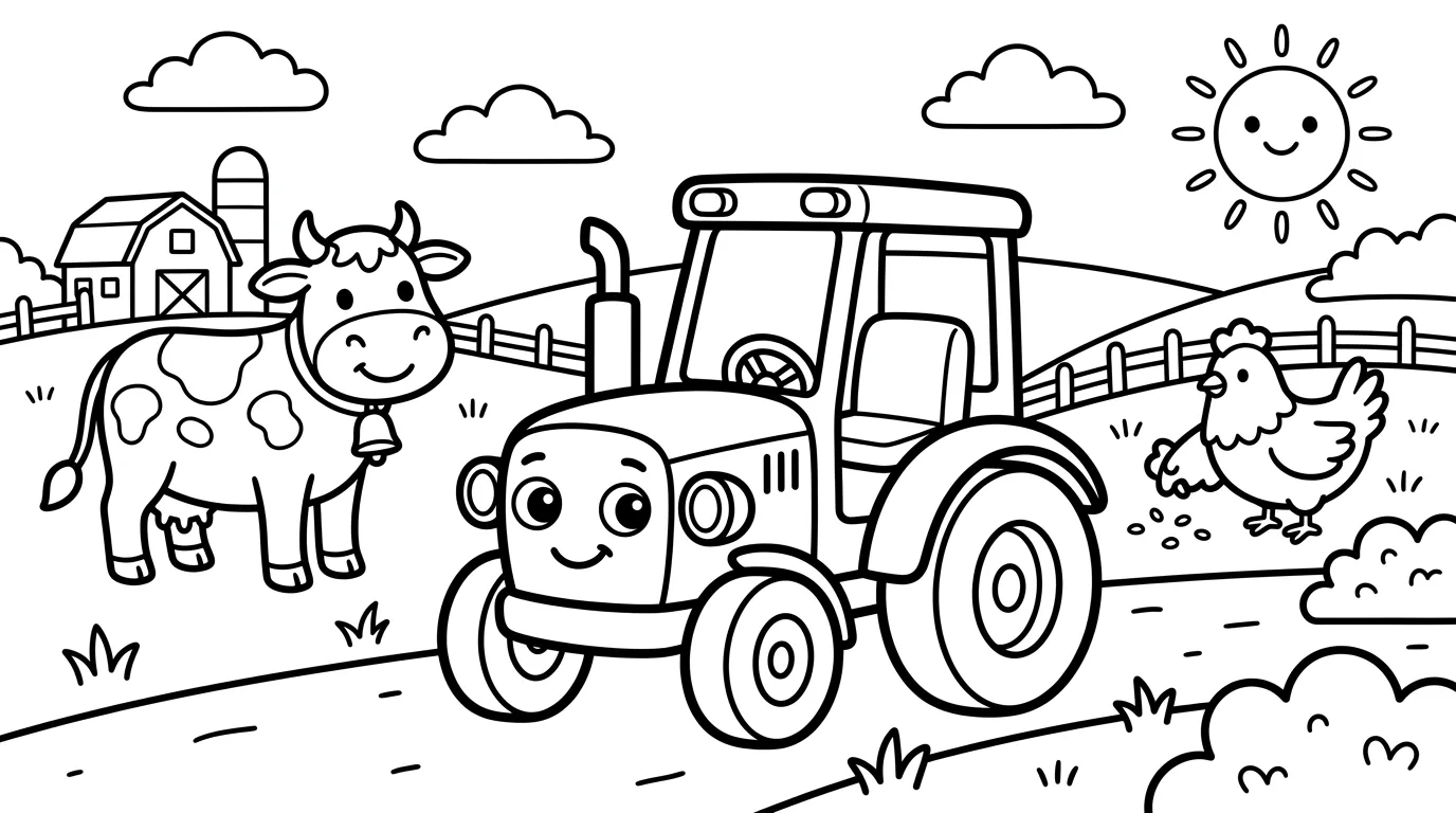 Traktor auf Bauernhof als kostenloses Ausmalbild für Kinder