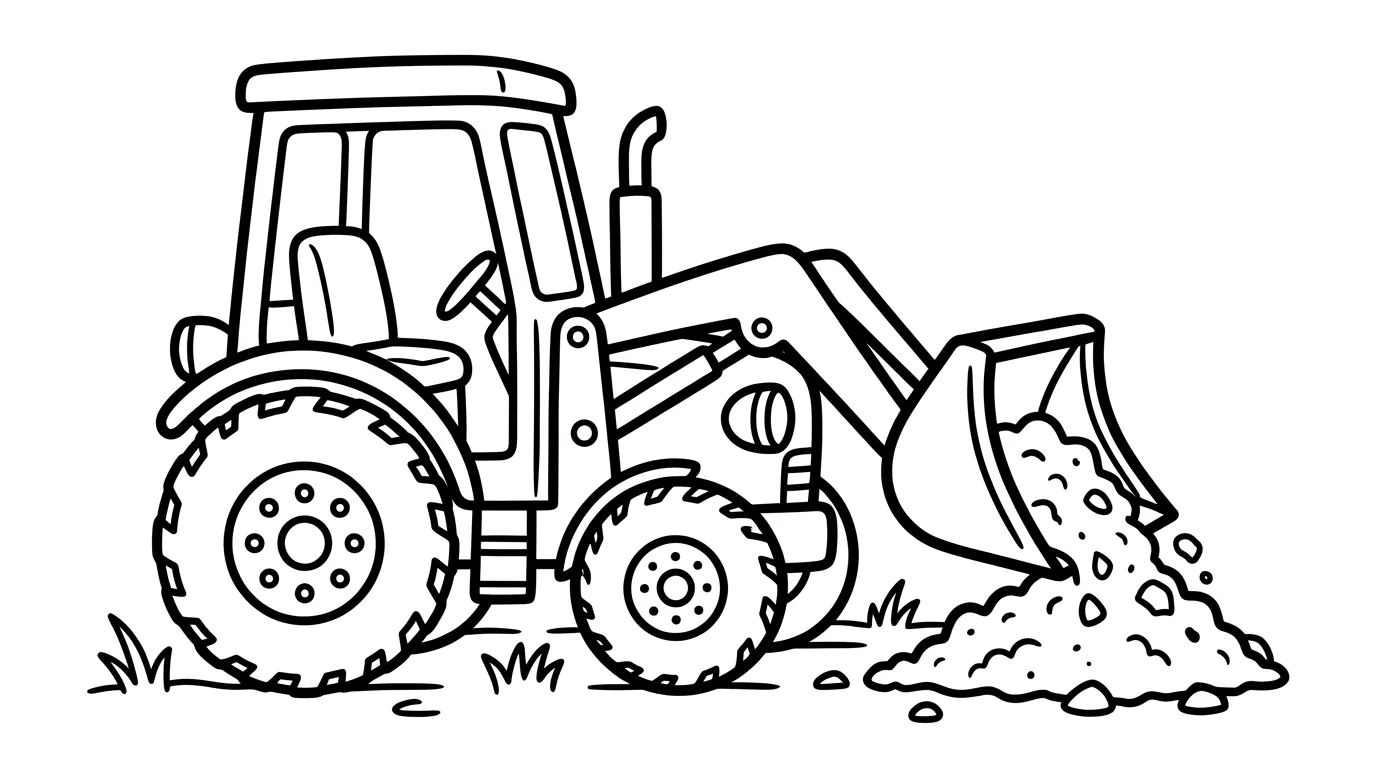 Traktor mit Frontlader als kostenloses Ausmalbild für Kinder