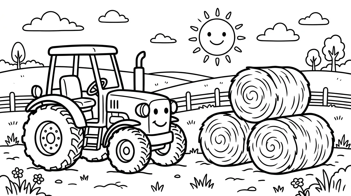 Traktor mit Heuballen als kostenloses Ausmalbild für Kinder