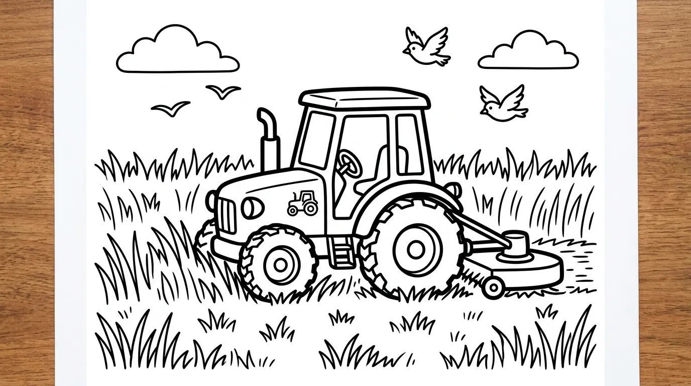 Traktor beim Maehen als kostenloses Ausmalbild für Kinder