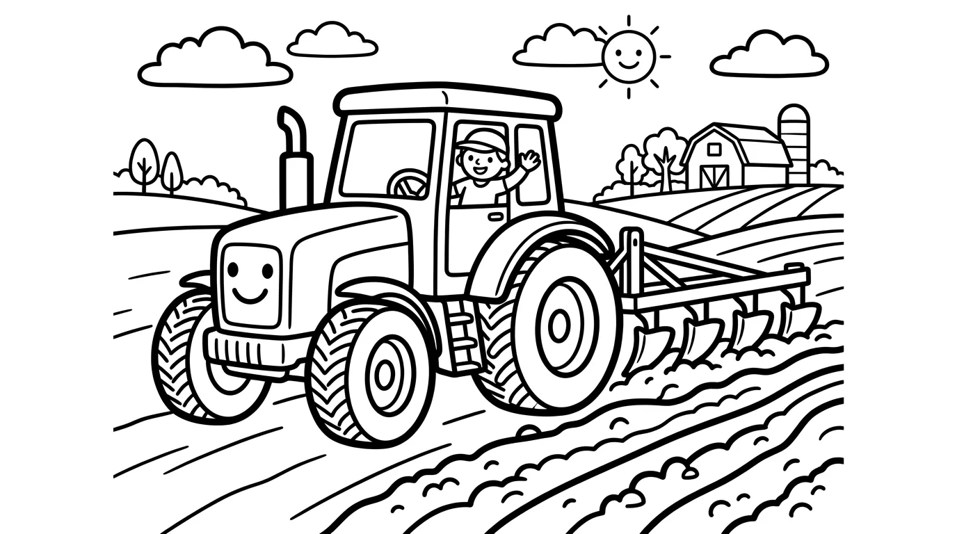 Traktor mit Pflug als kostenloses Ausmalbild für Kinder