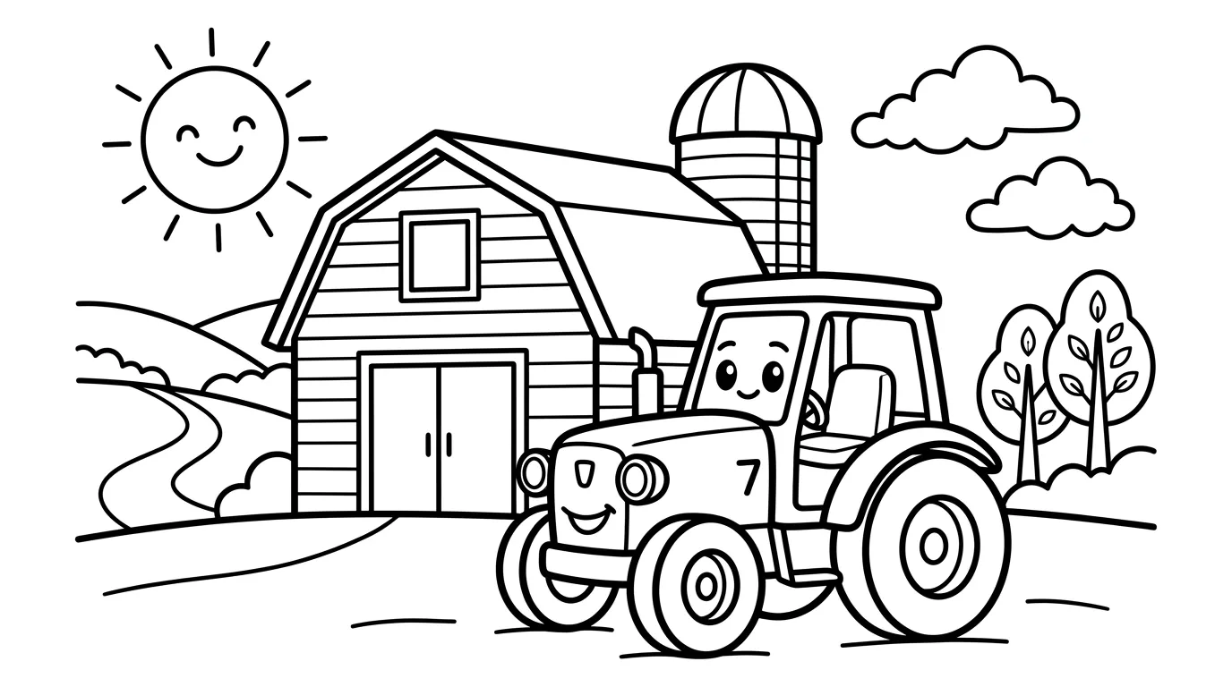 Traktor vor Scheune als kostenloses Ausmalbild für Kinder