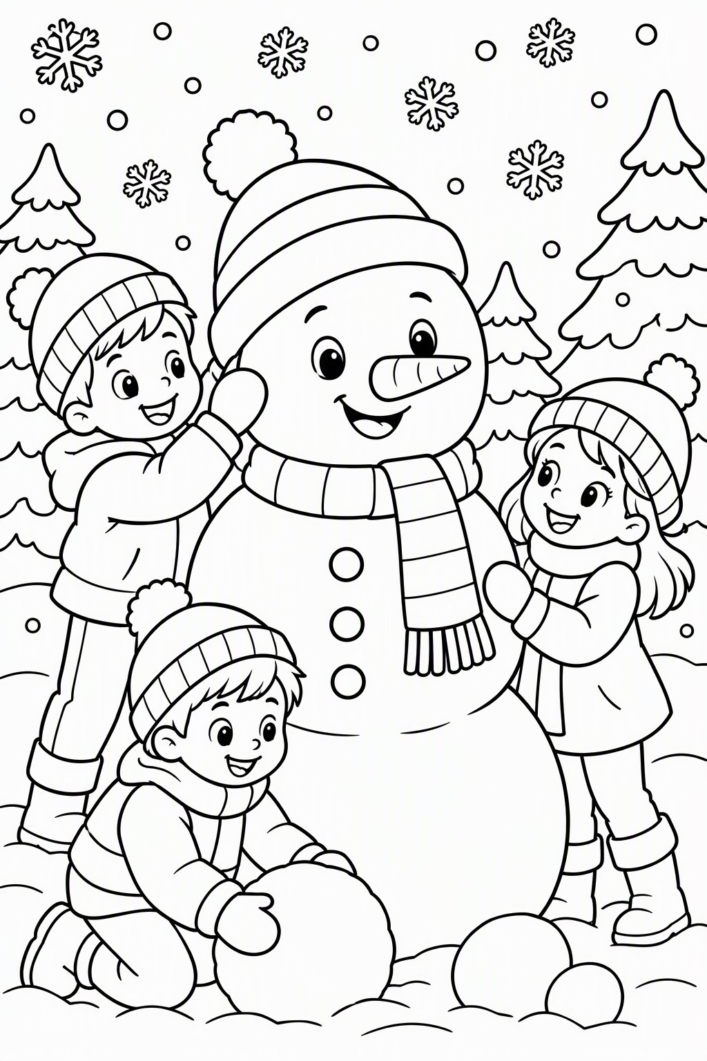 Kinder bauen einen Schneemann als kostenloses Ausmalbild für Kinder