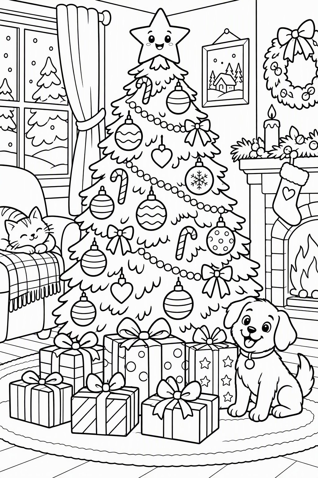 Weihnachtsbaum mit Geschenken als kostenloses Ausmalbild für Kinder