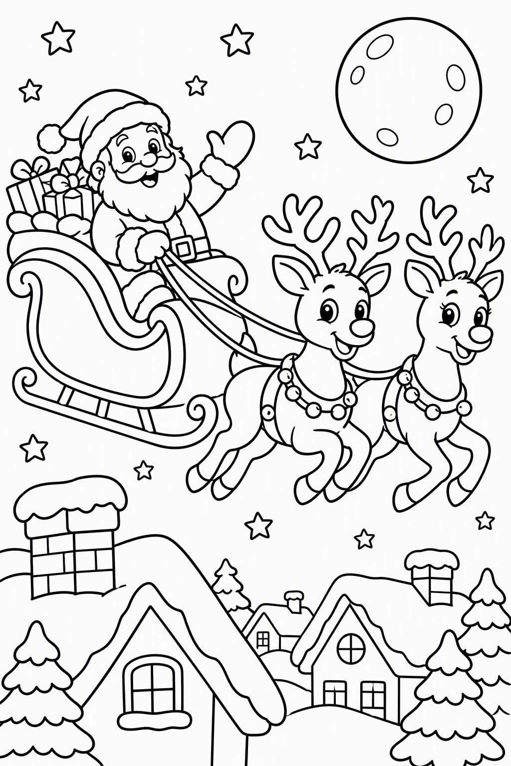Weihnachtsmann mit Schlitten als kostenloses Ausmalbild für Kinder