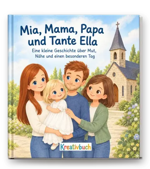 Hardcover-Kinderbuch zur Taufe: „Mia, Mama, Papa und Tante Ella“