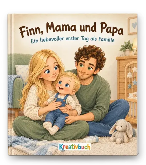 Hardcover-Kinderbuch zur Geburt: „Finn, Mama und Papa – Ein liebevoller erster Tag als Familie“