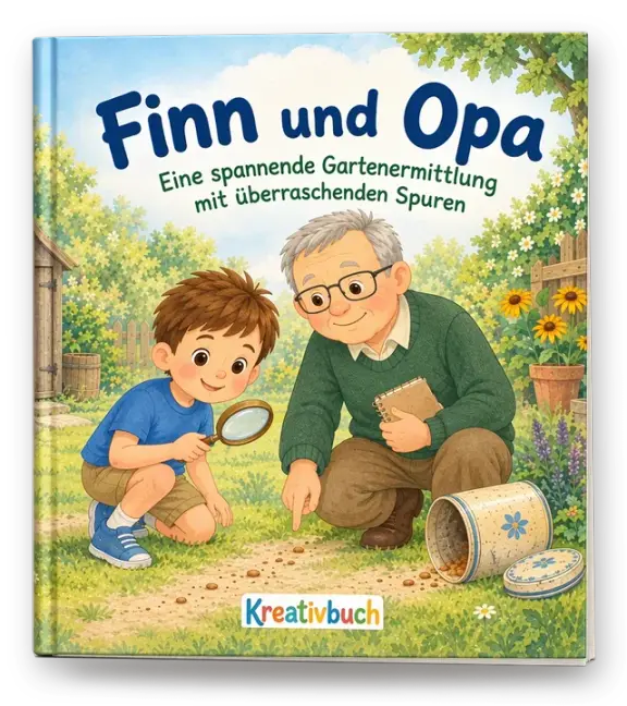 Personalisiertes Kinderbuch als Hardcover im Format 20 × 20 cm: „Finn und Opa“, eine Gartenermittlung mit Lupe und Krümelspur