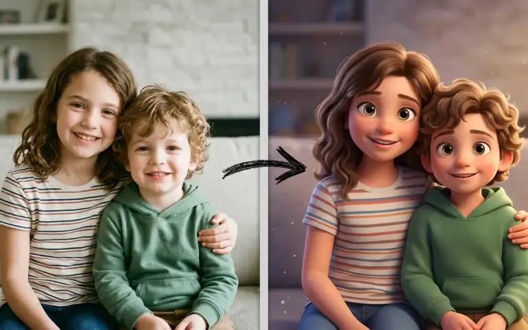 Sibling portrait turns into a stylized 3D scene