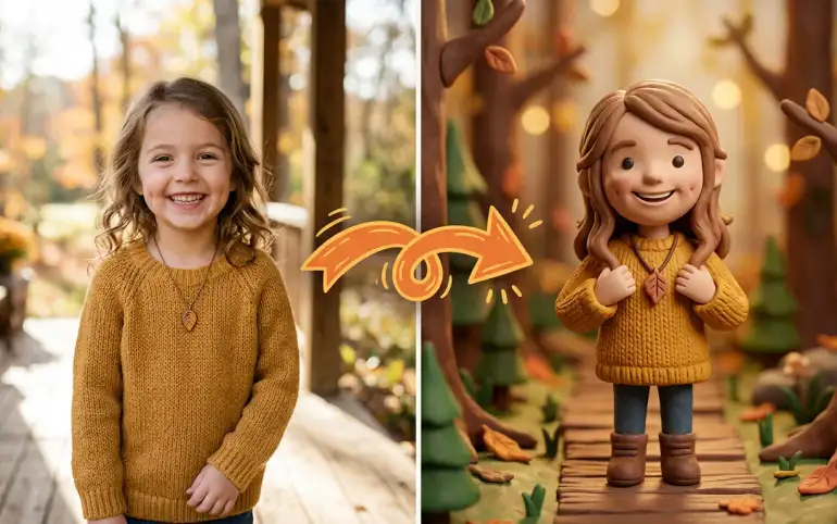 Child portrait turns into a claymotion character