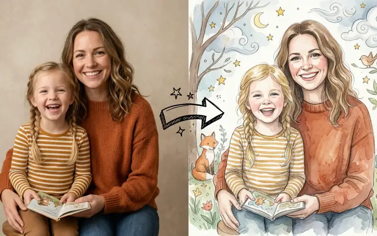 Family portrait turns into a watercolor illustration
