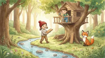 Aquarell-Seite aus einem personalisierten Kinderbuch von Kreativbuch: Mädchen mit roter Mütze, Fuchs und Baumhaus