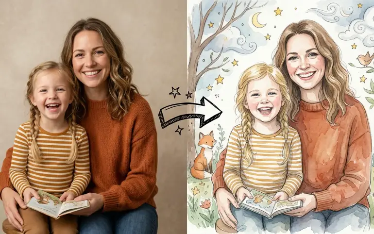 Familienporträt verwandelt sich in eine Aquarell-Illustration
