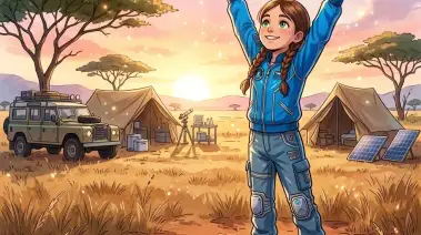 Illustrierte Seite aus einem personalisierten Kinderbuch: ein Mädchen bei einem Abenteuer in der Savanne