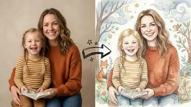 Foto von Mutter und Tochter und daraus erstellte Aquarell-Illustration der beiden beim Vorlesen