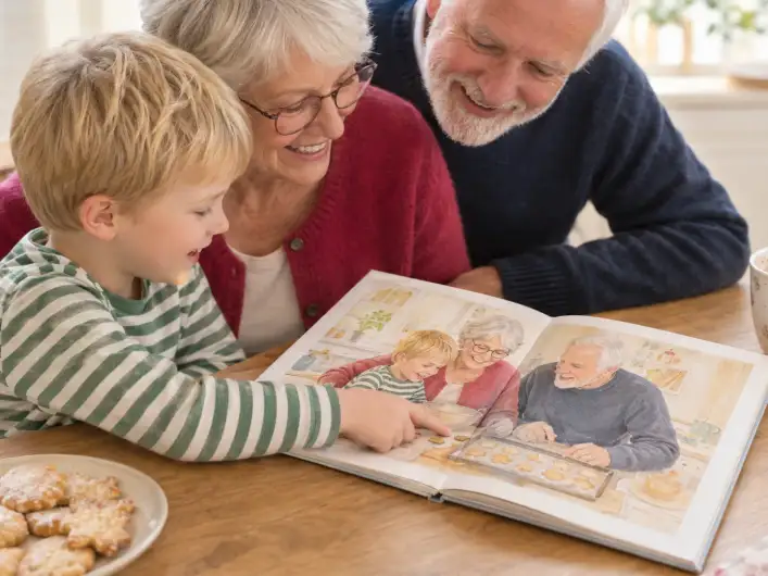 Oma, Opa und Enkel schauen am Küchentisch in ein personalisiertes Kinderbuch, auf der Buchseite backen alle drei zusammen Plätzchen