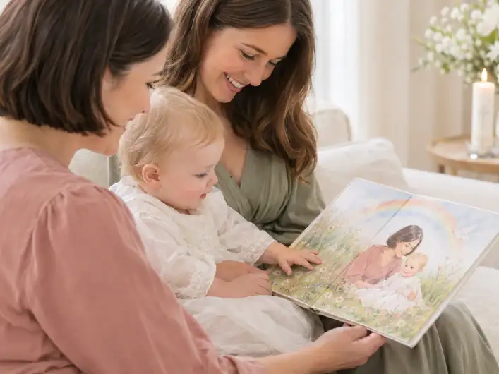 Patentante zeigt Mutter und Täufling im Taufkleid ein personalisiertes Buch zur Taufe, auf der Buchseite sitzen das Baby und die Patentante unter einem Regenbogen