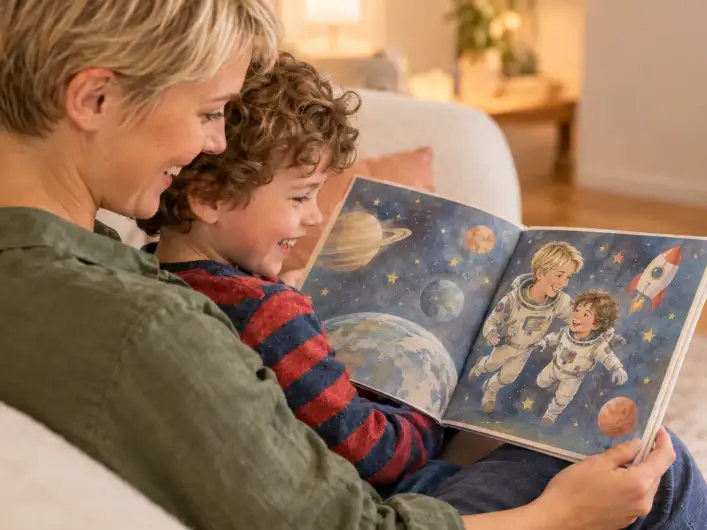 Mama und Sohn lesen auf dem Sofa ein personalisiertes Buch für Mama, auf der Buchseite schweben beide als Astronauten im All