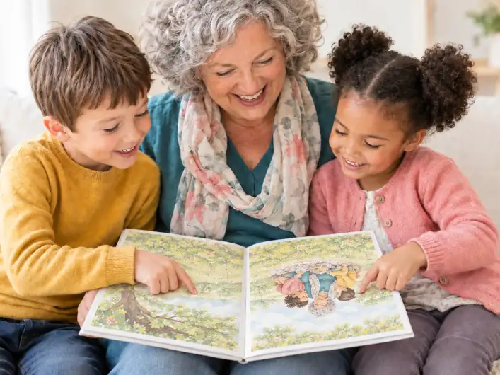 Oma liest mit Enkel und Enkelin auf dem Sofa ein personalisiertes Buch für Oma, auf der Buchseite machen alle drei ein Picknick unter einem Baum