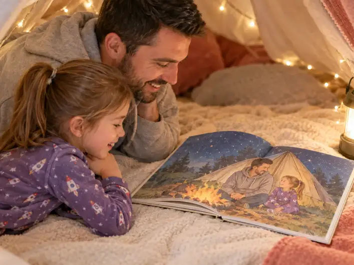Papa und Tochter liegen in einer Deckenhöhle und lesen ein personalisiertes Buch für Papa, auf der Buchseite sitzen beide am Lagerfeuer vor einem Zelt