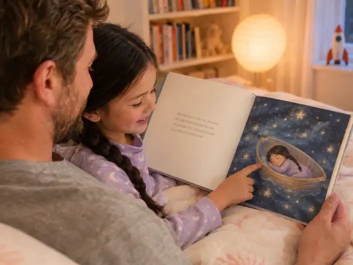 Papa liest seiner Tochter abends im Bett eine personalisierte Gute-Nacht-Geschichte vor, sie zeigt auf sich selbst im Buch, wo sie in einem Boot auf einem Sternenmeer schläft