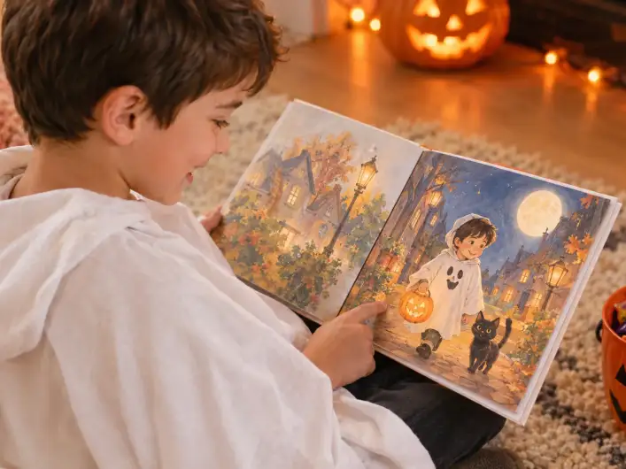 Junge im Gespensterkostüm liest an Halloween ein personalisiertes Kinderbuch, auf der Buchseite läuft er im selben Kostüm mit Kürbislaterne und schwarzer Katze durch die Nacht