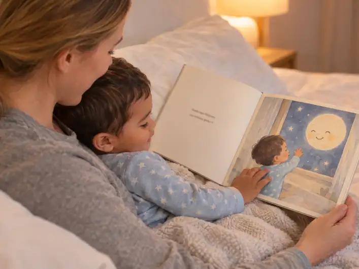Mama liest ihrem kleinen Sohn abends im Bett ein personalisiertes Kinderbuch ab 1 Jahr vor, er berührt sich selbst im Buch, wo er im Sternenschlafanzug dem Mond zuwinkt