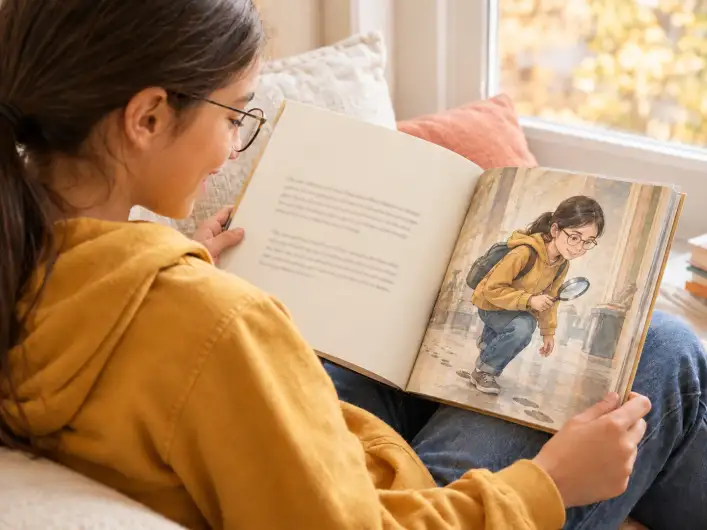 Mädchen mit Brille liest allein in der Leseecke ein personalisiertes Kinderbuch ab 10 Jahren, links eine Textseite, rechts ermittelt sie als Detektivin im Museum