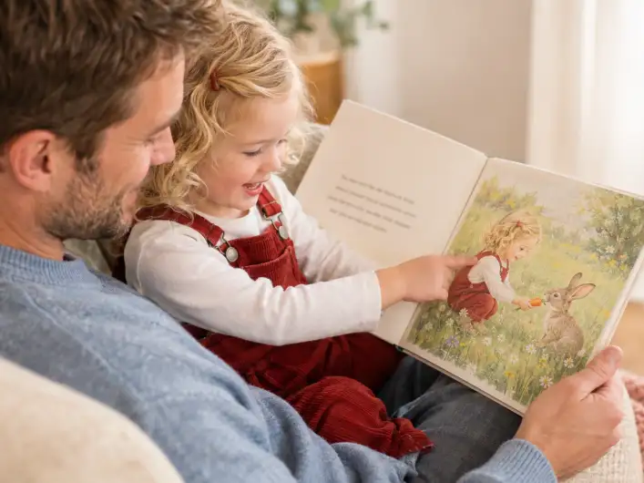 Papa liest seiner dreijährigen Tochter ein personalisiertes Kinderbuch ab 3 Jahren vor, sie zeigt auf sich selbst im Buch, wo sie einem Hasen eine Karotte gibt