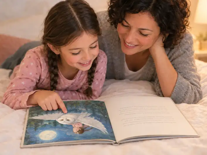 Mädchen mit Zöpfen liest mit ihrer Mama auf dem Bett ein personalisiertes Kinderbuch ab 5 Jahren, im Buch fliegt sie auf einer Eule über den Wald