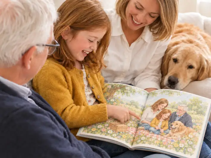 Mädchen zeigt lachend auf sich selbst im personalisierten Kinderbuch, wo sie mit Mama, Opa und ihrem Hund als Figuren zu sehen ist, daneben sitzen Mama, Opa und der Hund