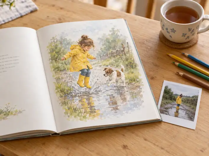 Ein Sofortbild eines Mädchens im gelben Regenmantel liegt neben einem aufgeschlagenen Kinderbuch, in dem dasselbe Mädchen als Aquarell-Figur mit einem Hund in eine Pfütze springt