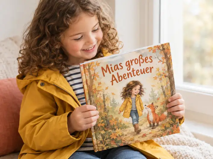 Mädchen hält ihr Kinderbuch mit eigenem Namen „Mias großes Abenteuer“, auf dem Cover ist sie selbst als illustrierte Figur mit einem Fuchs zu sehen