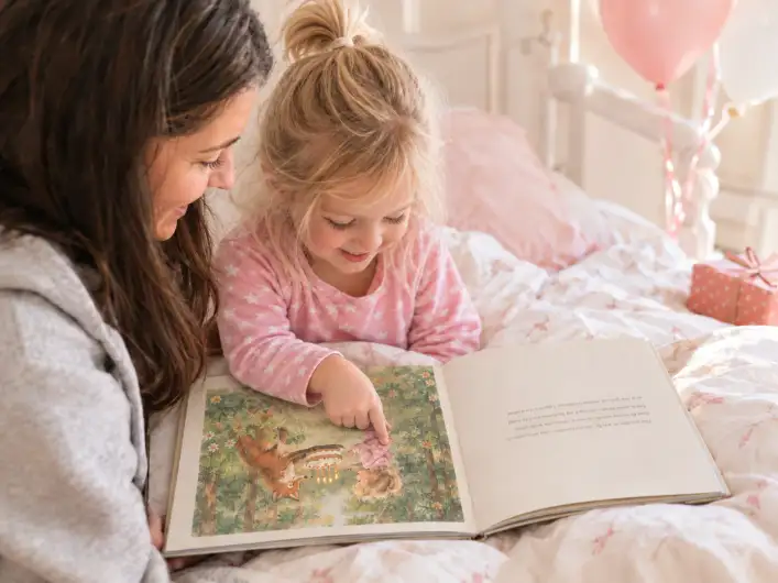Mama und Tochter lesen am Geburtstagsmorgen im Bett ein personalisiertes Kinderbuch zum Geburtstag, das Mädchen schaut ins Buch und zeigt auf sich selbst, wo ein Fuchs ihr eine Torte mit vier Kerzen bringt