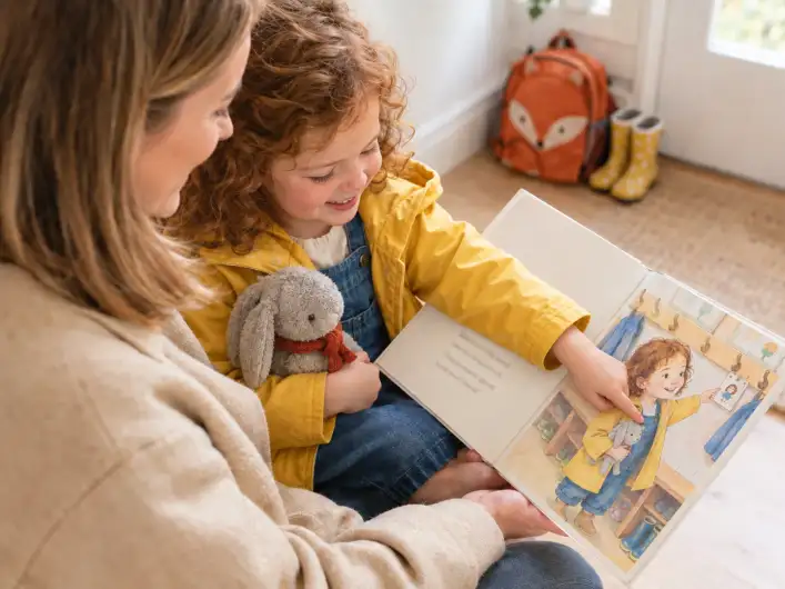 Mama liest ihrer Tochter am Morgen vor dem ersten Kita-Tag ein personalisiertes Mutmachbuch vor, das Mädchen zeigt auf sich selbst an ihrem Garderobenhaken im Kindergarten