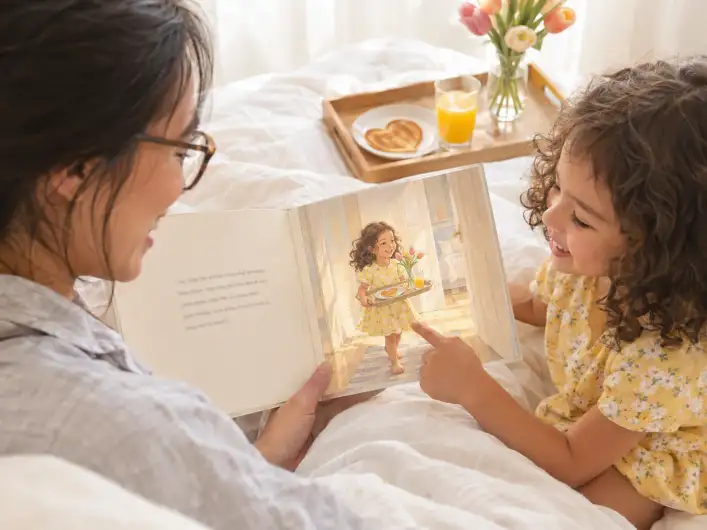 Mama liest am Muttertagsmorgen im Bett mit ihrer Tochter ein personalisiertes Muttertagsbuch, daneben ein Frühstückstablett mit Herz-Pfannkuchen und Tulpen, die Tochter zeigt auf sich im Buch