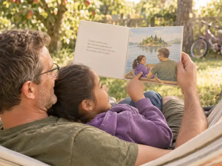 Papa und Tochter liegen in einer Hängematte im Garten und lesen ein personalisiertes Vatertagsbuch, die Tochter zeigt auf sich selbst beim Rudern mit Papa