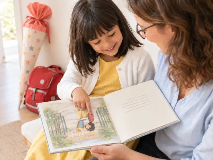 Mädchen liest am Morgen der Einschulung mit ihrer Mama im Flur ein personalisiertes Einschulungsbuch und zeigt auf sich selbst mit Schultüte am Schultor, im Hintergrund Schultüte und roter Ranzen