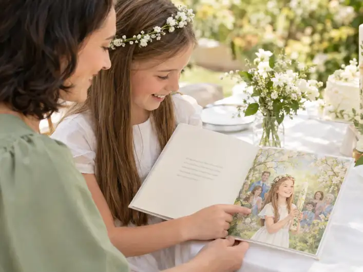 Ein Mädchen im Kommunionkleid mit Blumenkranz liest mit ihrer Patin am Festtisch ein personalisiertes Kommunionbuch und zeigt auf sich selbst mit der Kommunionkerze im Bild