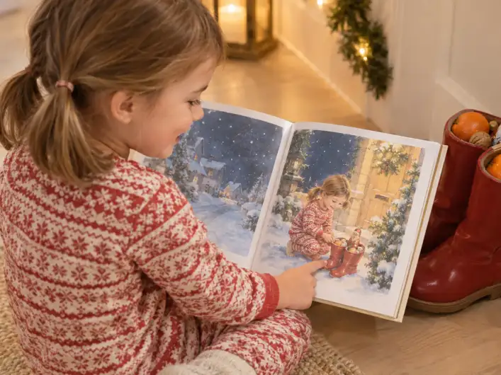 Mädchen im Schlafanzug sitzt am Nikolausmorgen neben ihren gefüllten Stiefeln und zeigt im personalisierten Nikolausbuch auf sich selbst, wie sie die Stiefel in den Schnee stellt