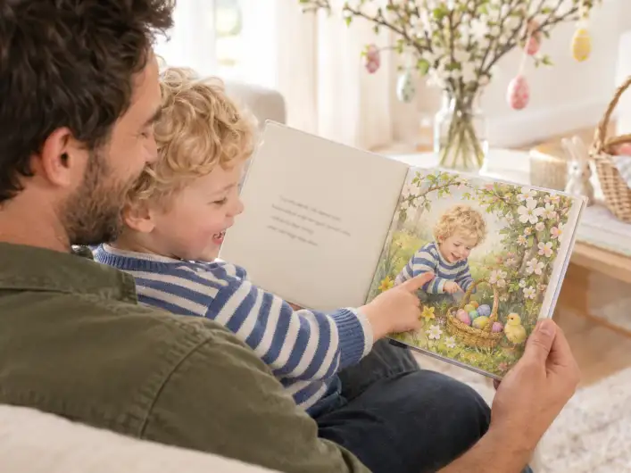 Papa liest seinem kleinen Sohn an Ostern ein personalisiertes Osterbuch vor, der Junge zeigt auf sich selbst im Buch, wo er ein Körbchen mit Ostereiern findet