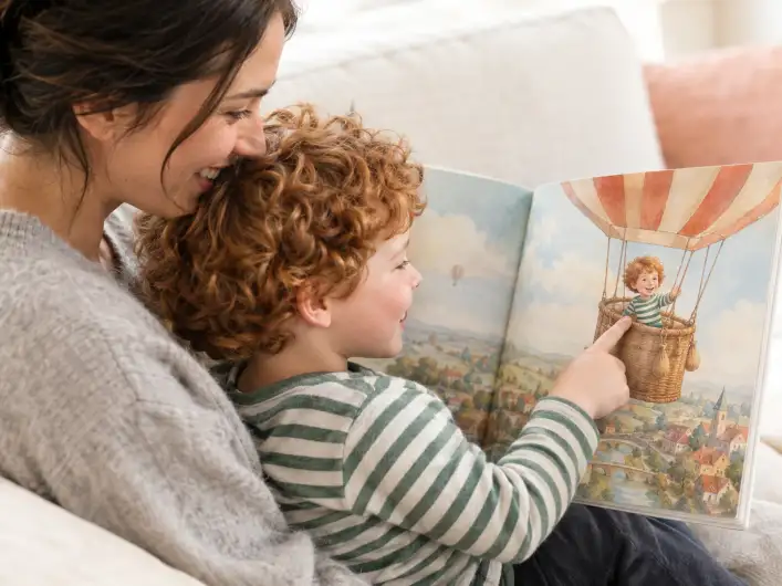 Mutter und Sohn lesen gemeinsam ein personalisiertes Kinderbuch, der Junge zeigt lachend auf sich selbst als illustrierte Figur im Heißluftballon