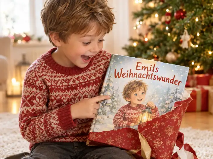 Junge packt unter dem Weihnachtsbaum sein personalisiertes Weihnachtsbuch „Emils Weihnachtswunder“ aus und zeigt staunend auf sich selbst als illustrierte Figur auf dem Cover