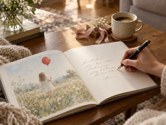 Eine Hand schreibt mit einem Füller eine Widmung in ein aufgeschlagenes Kinderbuch, gegenüber ein Aquarell von einem Mädchen mit rotem Luftballon