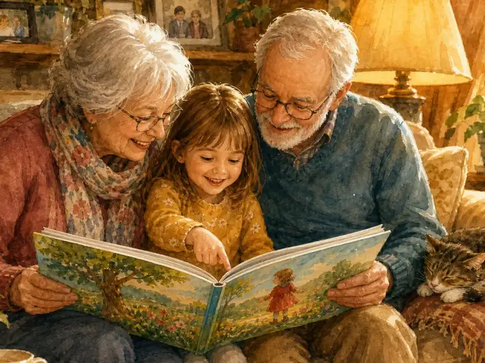 Großeltern lesen mit ihrem Enkelkind in einem personalisierten Kinderbuch auf dem Sofa