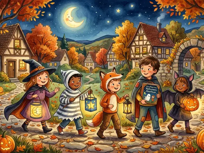 Kinder in freundlichen Halloween-Kostümen mit Laternen und Kürbissen in einer warmen Herbstnacht